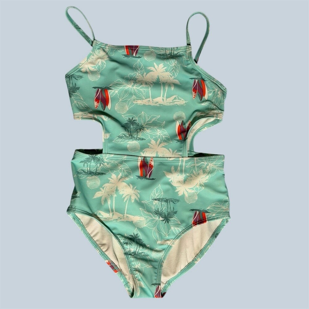 Girls One Piece Swimsuit 8 Mint Green Tropical Cutout Spaghetti